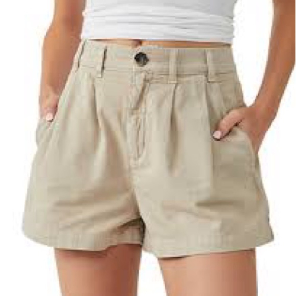 Free People Khaki High-Waist Pleated Cotton Shorts